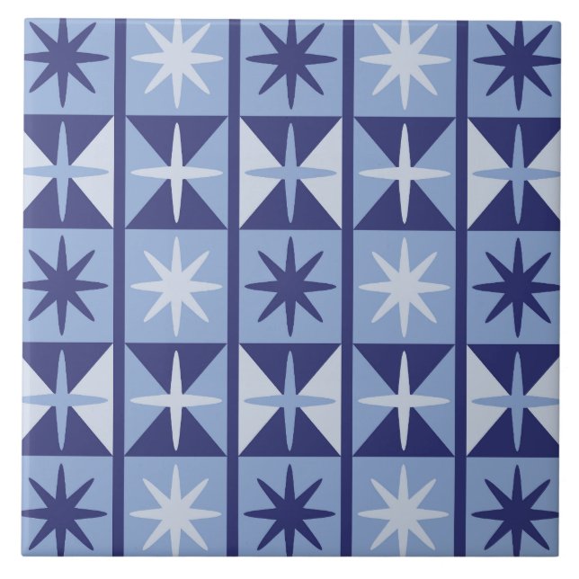 Mid Century Modern Starburst Pattern in Blues Ceramic Tile (Front)