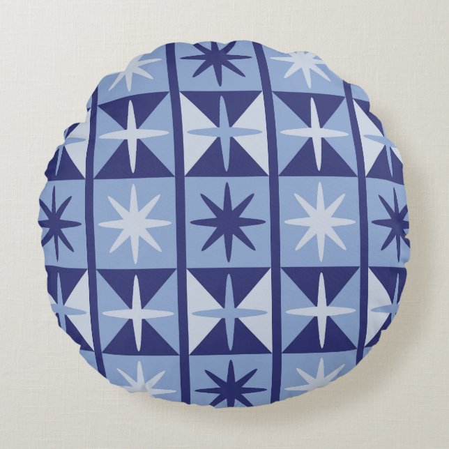 Mid Century Modern Starburst Pattern in Blues Round Cushion (Front)