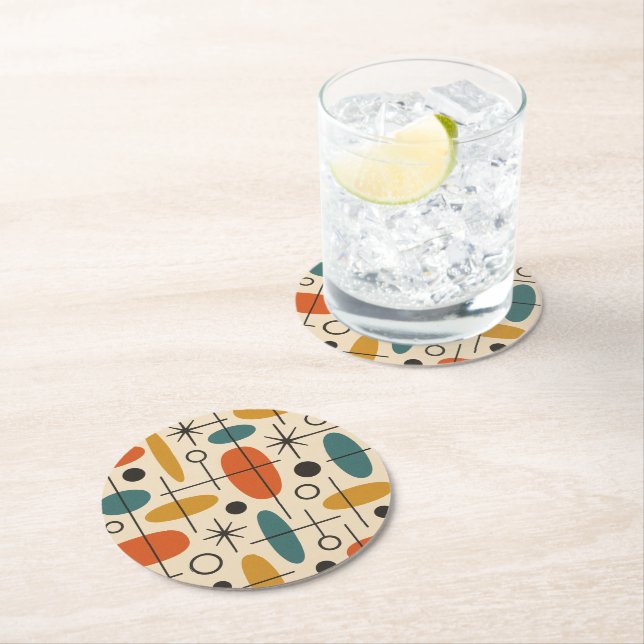 Mid Century Modern Starburst Pattern Round Paper Coaster (Insitu)