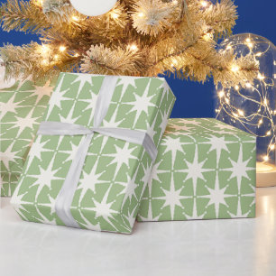 Mid-century Modern Starburst Pattern Sage Green Wrapping Paper