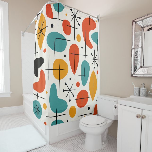 Mid Century Modern Starburst Pattern Shower Curtain (In Situ)