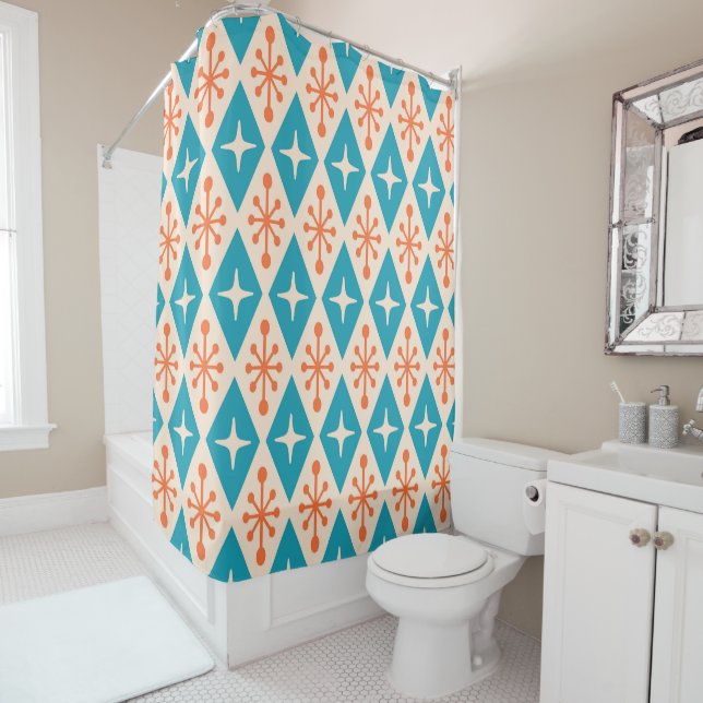 Mid-Century Modern Starburst Pattern Shower Curtain (In Situ)