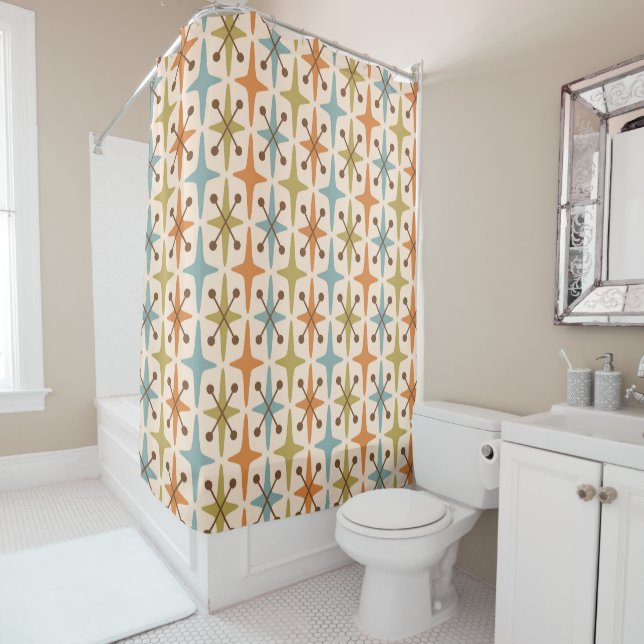 Mid Century Modern Starburst Pattern Shower Curtain (In Situ)