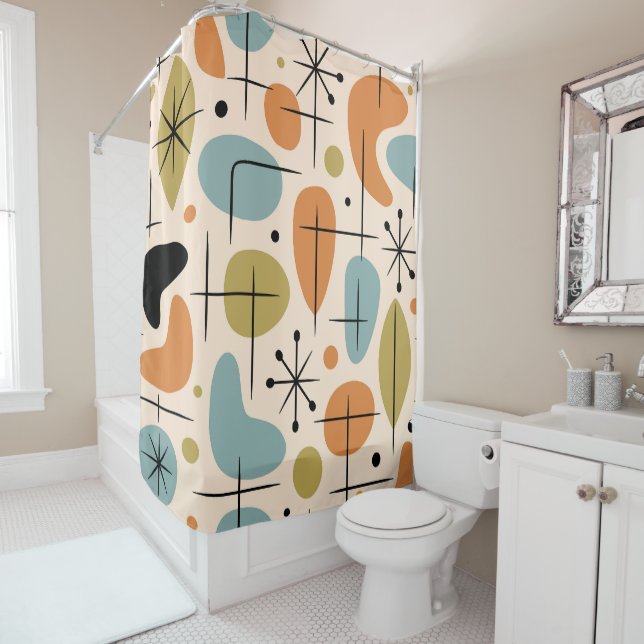 Mid Century Modern Starburst Pattern Shower Curtain (In Situ)