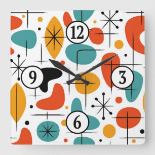 Mid Century Modern Starburst Pattern Square Wall Clock