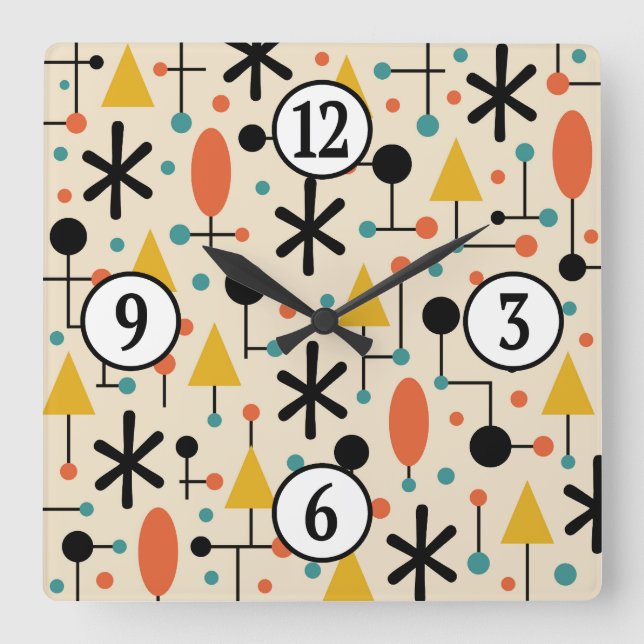 Mid Century Modern Starburst Pattern Square Wall Clock (Front)