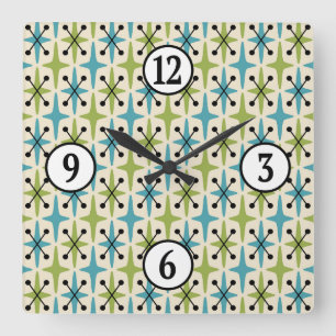 Mid Century Modern Starburst Pattern Square Wall Clock