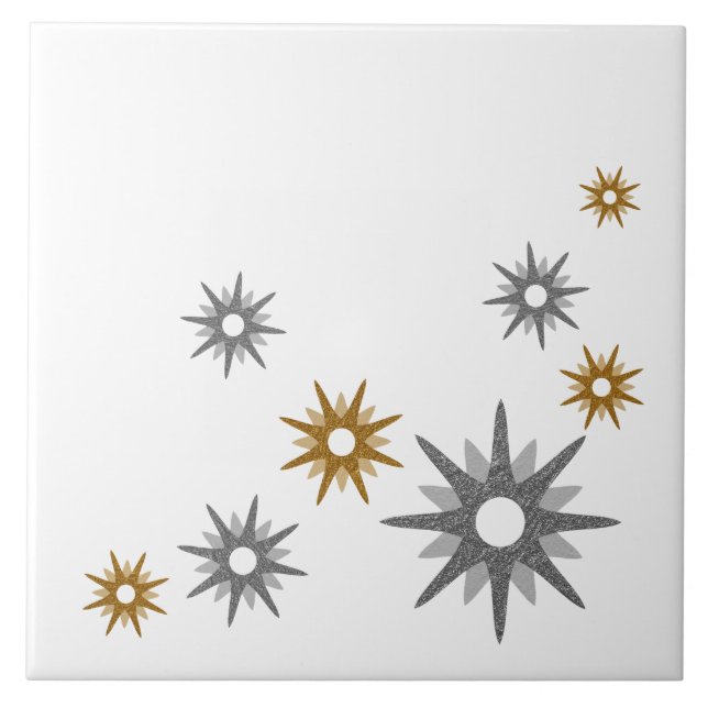 Mid-Century Modern Starburst Silver & Gold Ceramic Tile (Front)