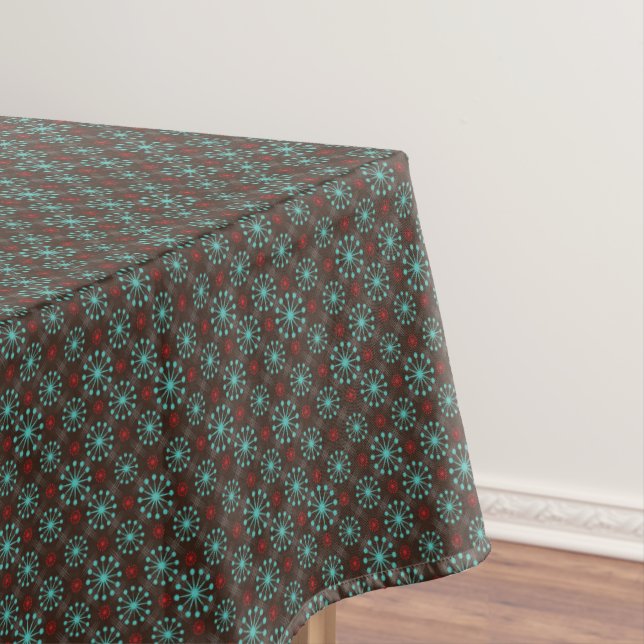 Mid Century Modern Starburst Turquoise Red Pattern Tablecloth (In Situ)