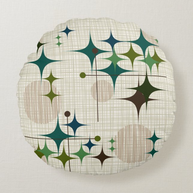 Mid Century Modern Starbursts and Globes Round Cushion (Front)