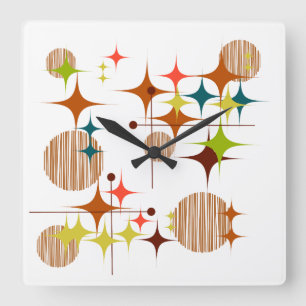 Mid Century Modern Starbursts and Globes Square Wall Clock