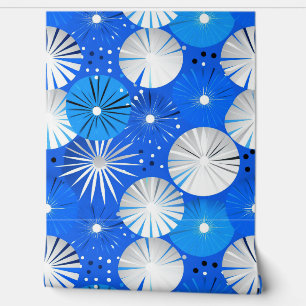 Mid Century Modern Starbursts Blue and White Wallpaper