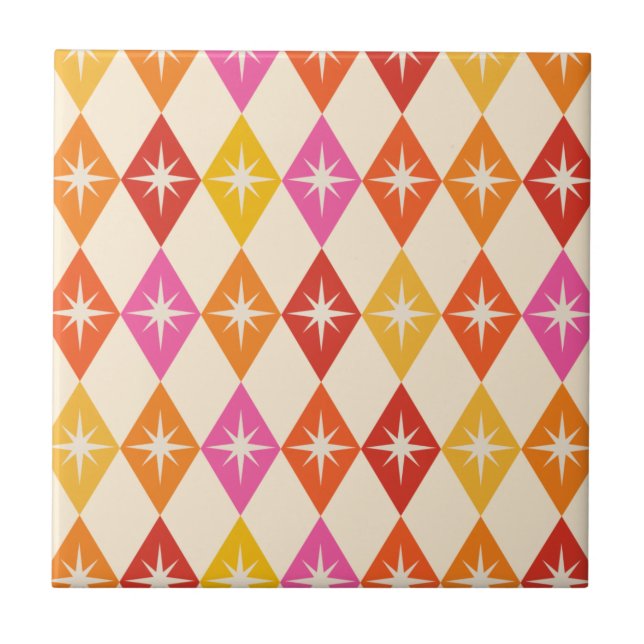 Mid Century Modern Starbursts on Retro Diamonds Ceramic Tile (Front)