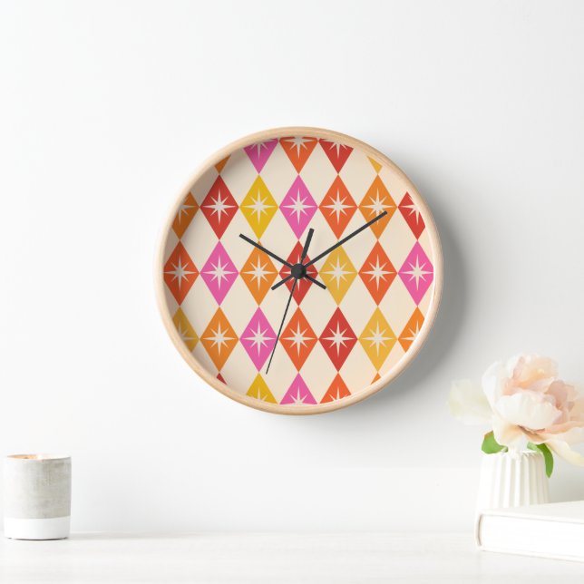 Mid century modern starbursts on retro diamonds  clock (Home)