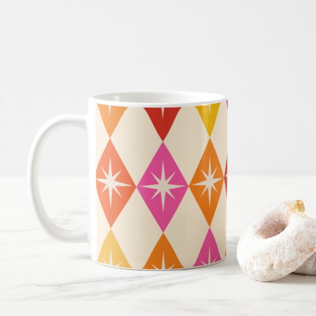 Mid Century Modern Starbursts on Retro Diamonds Coffee Mug (With Donut)