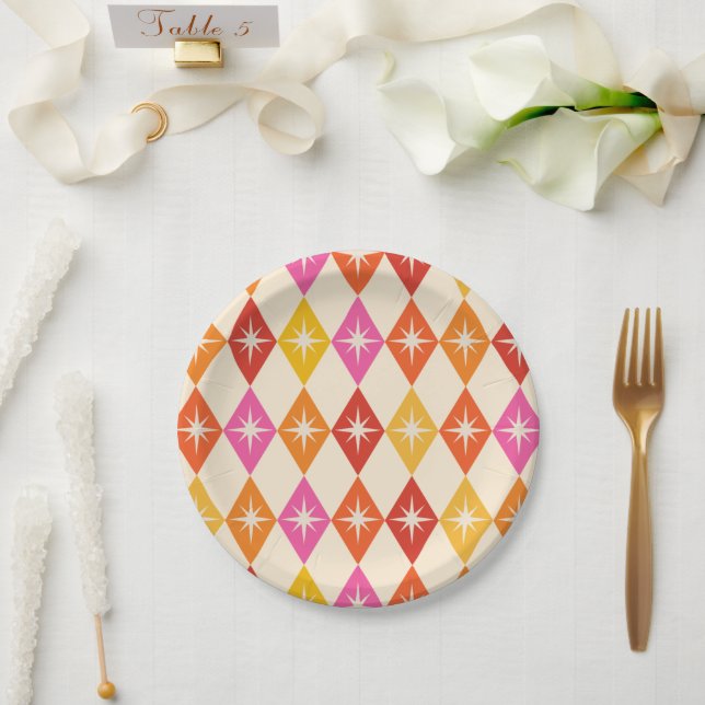 Mid Century Modern Starbursts on Retro Diamonds Paper Plate (Wedding)