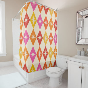 Mid century modern starbursts on retro diamonds  shower curtain