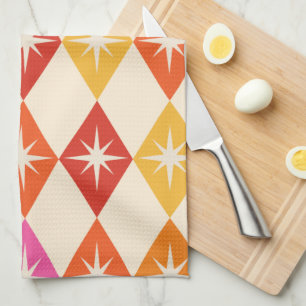 Mid Century Modern Starbursts on Retro Diamonds Tea Towel