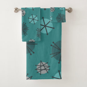 Mid Century Modern Starbursts Teal Bath Towel Set