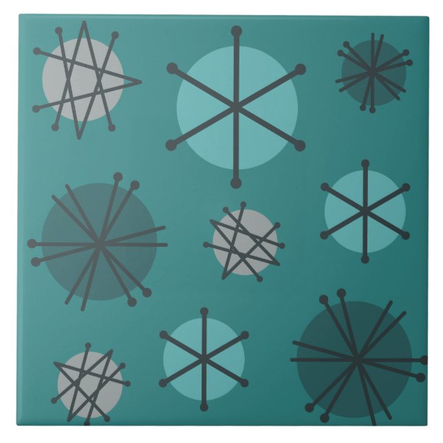 Mid Century Modern Starbursts Teal Ceramic Tile (Front)