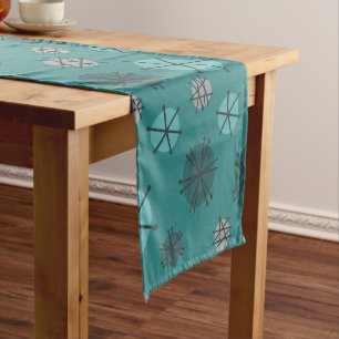 Mid Century Modern Starbursts Teal Short Table Runner