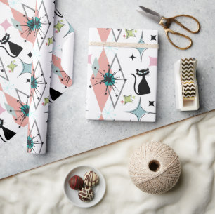 Mid Century Modern Stars and Cats Pattern White Wrapping Paper