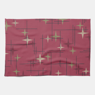 Mid Century Modern Stars Maroon Tea Towel