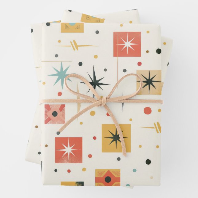 Mid-Century Modern Stars Pattern Wrapping Paper Sheet (In situ)