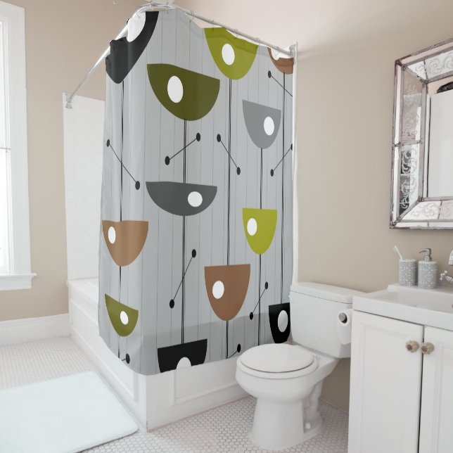 Mid-century Modern Stick Flowers Shower Curtain (In Situ)