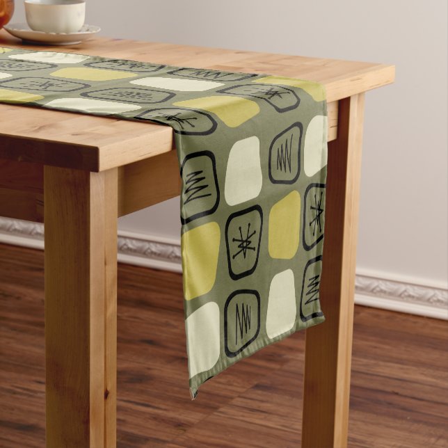 Mid Century Modern Stretched Squares Olive Short Table Runner (In Situ)