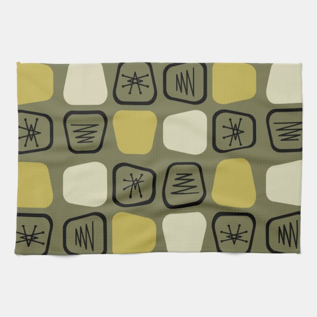 Mid Century Modern Stretched Squares Olive Tea Towel (Horizontal)