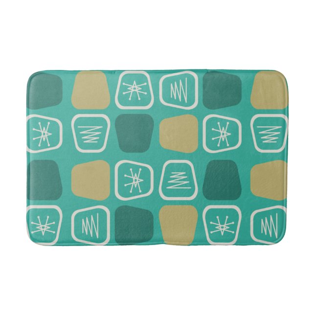 Mid Century Modern Stretched Squares Turquoise Bath Mat (Front)