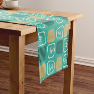 Mid Century Modern Stretched Squares Turquoise Short Table Runner