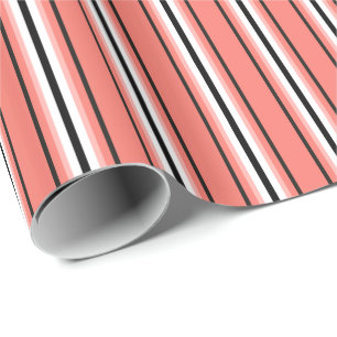 Mid-Century Modern Stripes, Coral, Black & White Wrapping Paper