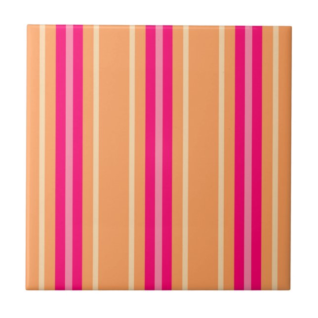 Mid-Century Modern Stripes, Fuchsia Pink & Orange  Ceramic Tile (Front)