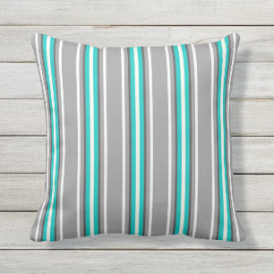 Mid-Century Modern Stripes, Grey and Turquoise Cushion