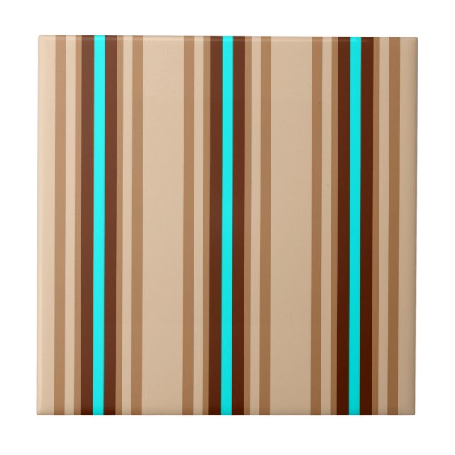 Mid-Century Modern Stripes, Tan. Brown and Aqua Ceramic Tile (Front)