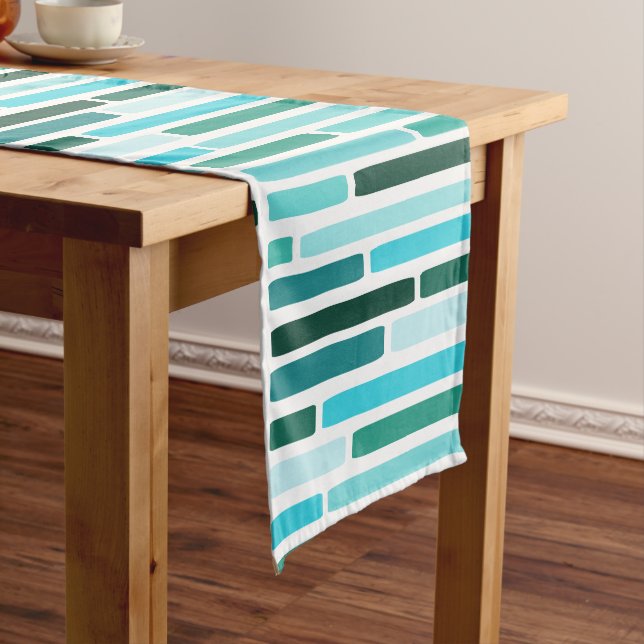 Mid Century Modern Stripes Turquoise Short Table Runner (In Situ)