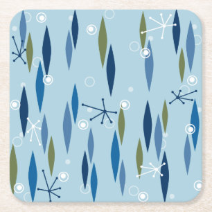 Mid-century Modern style Blue and Green Starburst Square Paper Coaster