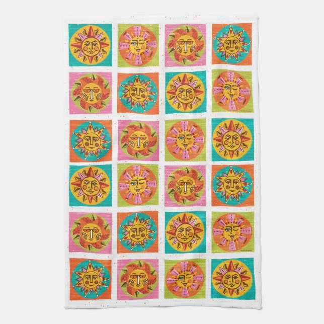Mid Century Modern Sun Faces Drying Mat  Tea Towel (Vertical)