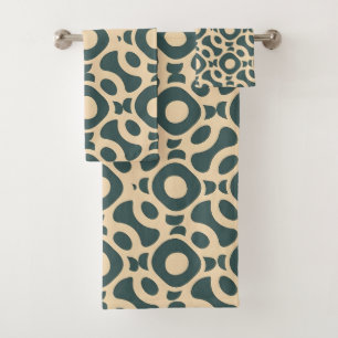 Mid-Century Modern Teal and Cream Geometric Bath Towel Set
