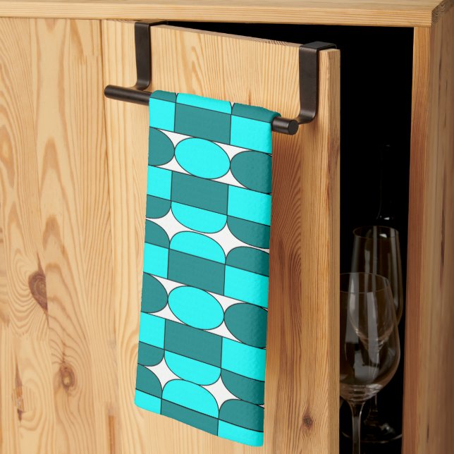 Mid Century Modern Teal Aqua Geometric Tea Towel (Thirds Fold)
