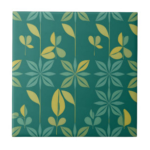 Mid-Century Modern Teal Botanical Geometric Leaf Ceramic Tile