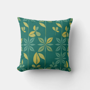 Mid-Century Modern Teal Botanical Geometric Leaf Cushion