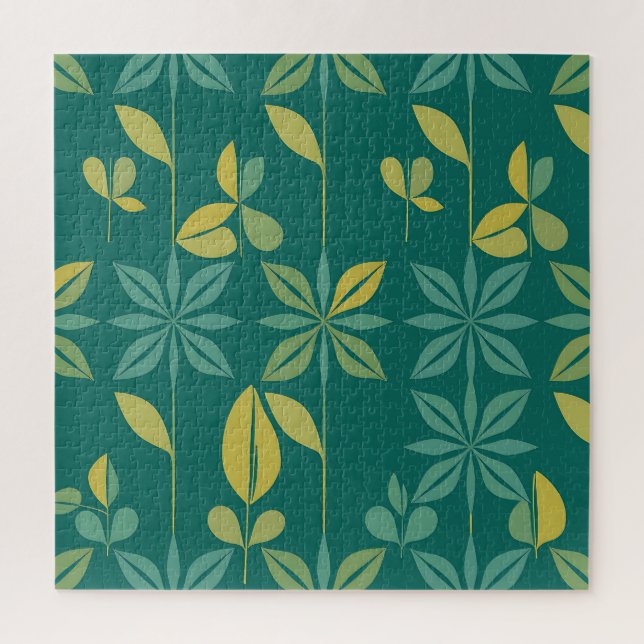 Mid-Century Modern Teal Botanical Geometric Leaf Jigsaw Puzzle (Vertical)