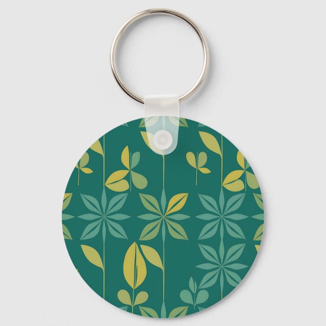 Mid-Century Modern Teal Botanical Geometric Leaf Key Ring (Front)