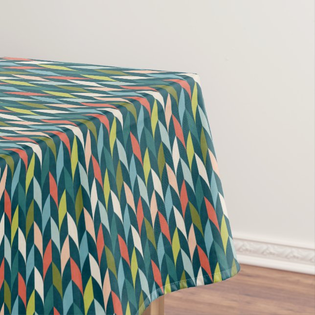 Mid-Century Modern Teal & Coral Pattern Tablecloth (In Situ)