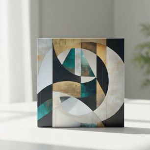 Mid-Century Modern Teal Gold Geometric Abstract Ceramic Tile