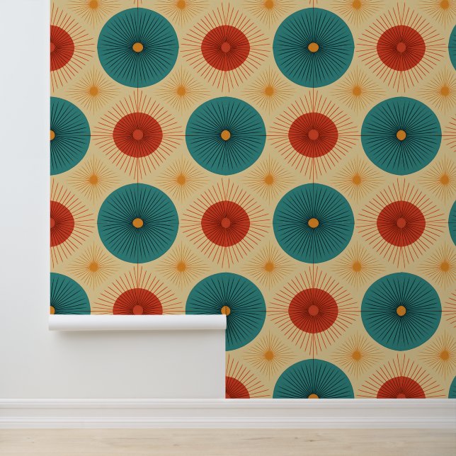 Mid-Century Modern Teal & Red Wallpaper (Application)