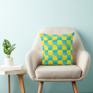 Mid-Century Modern Teal & Yellow Geometric Truchet Cushion